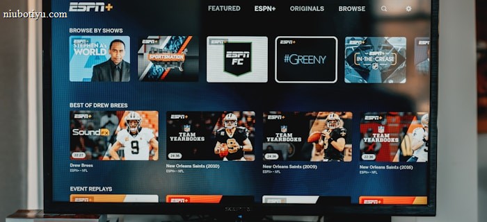 A television screen displaying the ESPN+ streaming interface with various sports-related shows and categories. The screen includes sections such as 'Browse by Shows' and 'Best of Drew Brees' with thumbnails of sports programs featuring athletes in action and analysts.